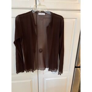 Papillon Blanc Brown Sheer Mesh Lettuce Trim Open Front Cardigan Top Womens